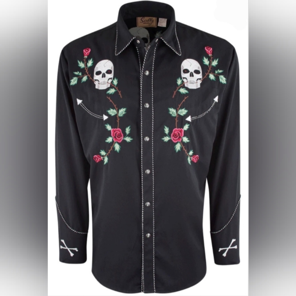 Men's XL Scully skull and roses rockabilly/western shirt
